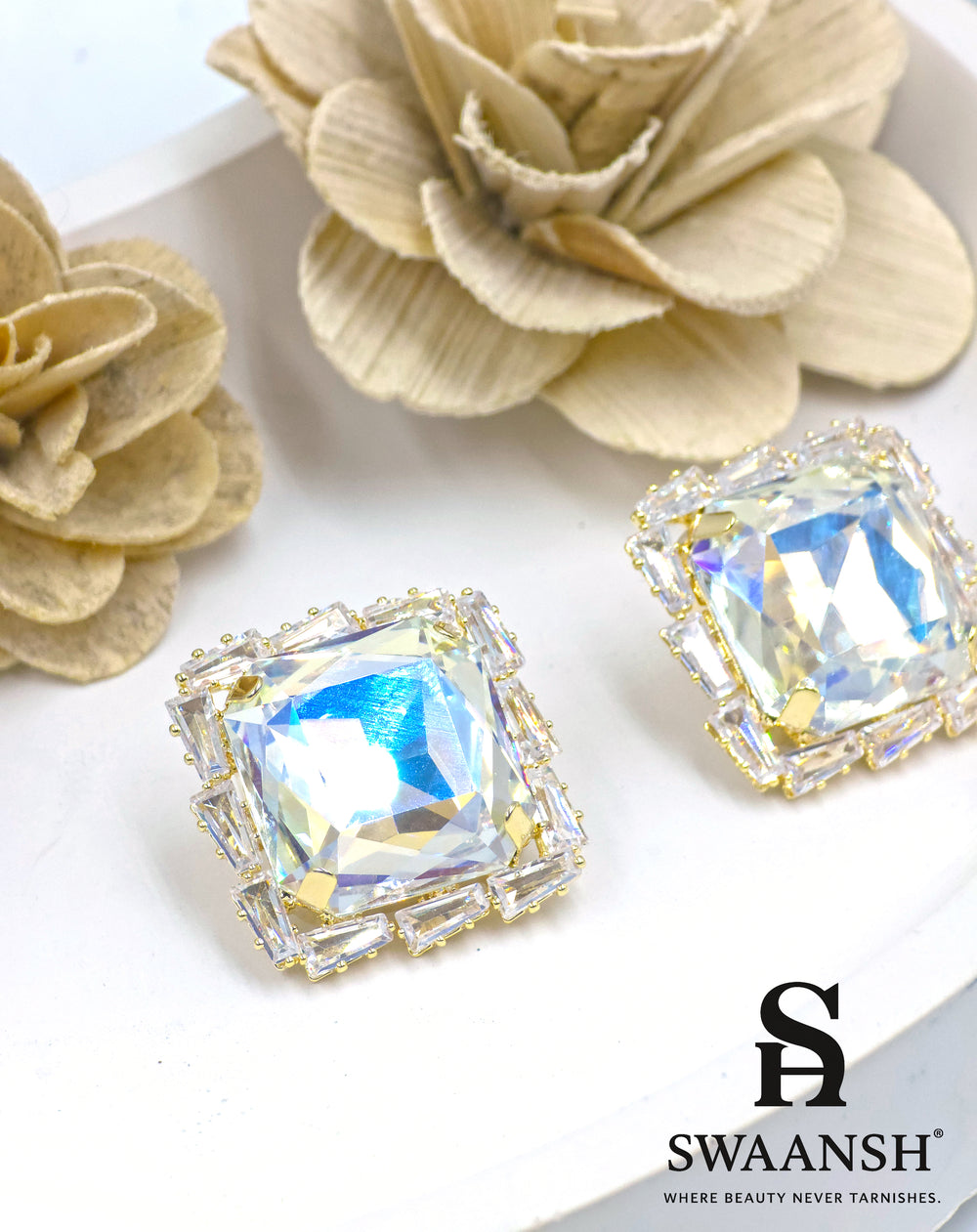 Large radiant-cut square prism stud earrings with baguette zirconia halo in gold – Swaansh