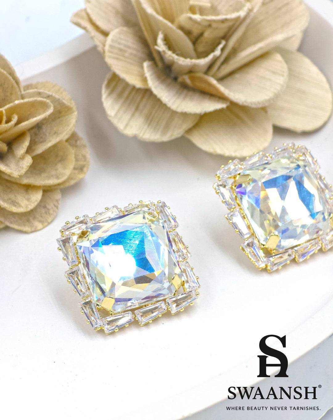 Large radiant-cut square prism stud earrings with baguette zirconia halo in gold – Swaansh