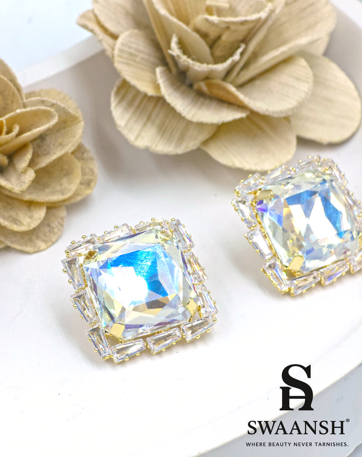 Large radiant-cut square prism stud earrings with baguette zirconia halo in gold – Swaansh