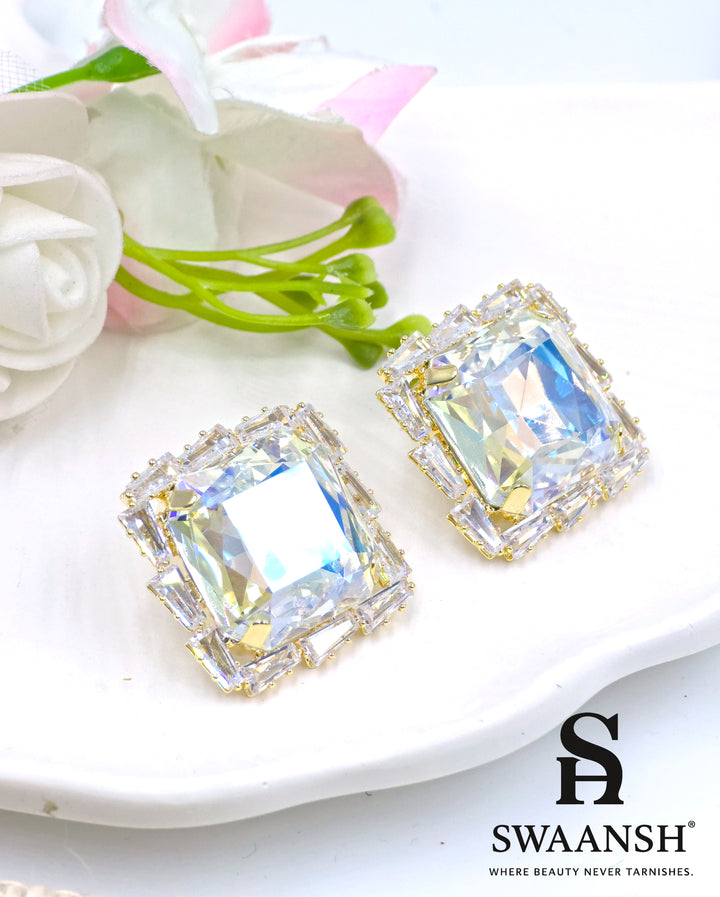 Large radiant-cut square prism stud earrings with baguette zirconia halo in gold – Swaansh