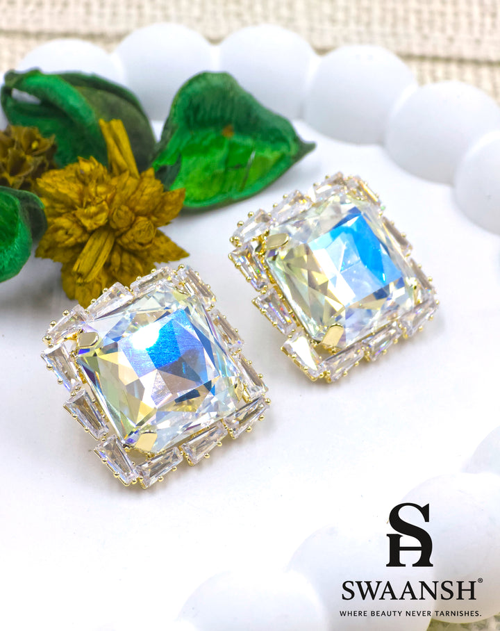Large radiant-cut square prism stud earrings with baguette zirconia halo in gold – Swaansh