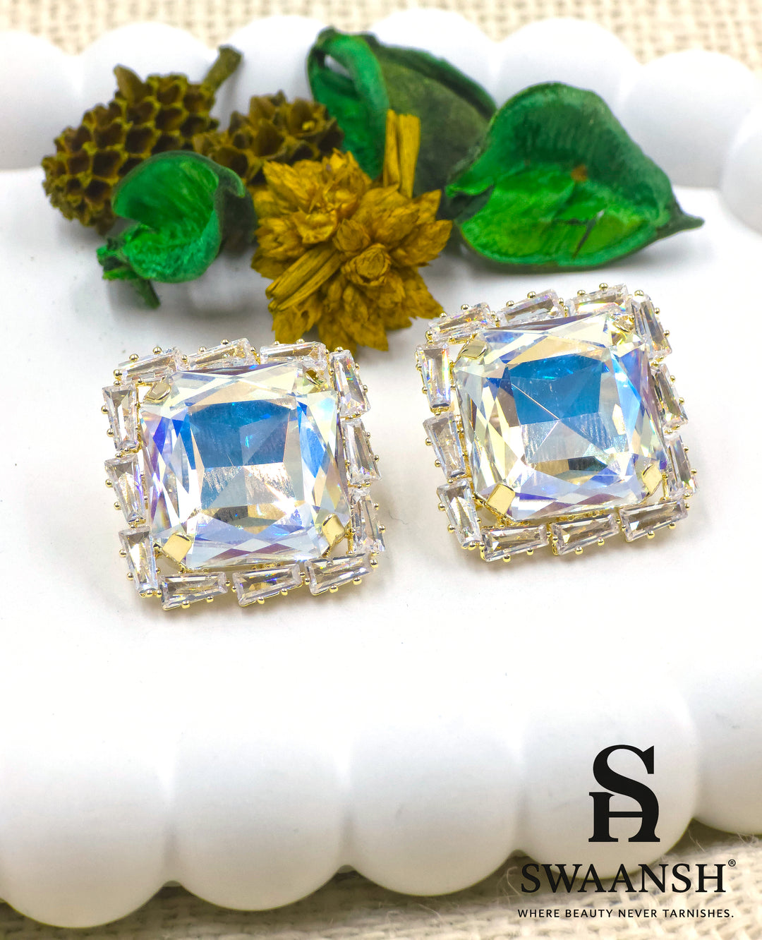 Large radiant-cut square prism stud earrings with baguette zirconia halo in gold – Swaansh