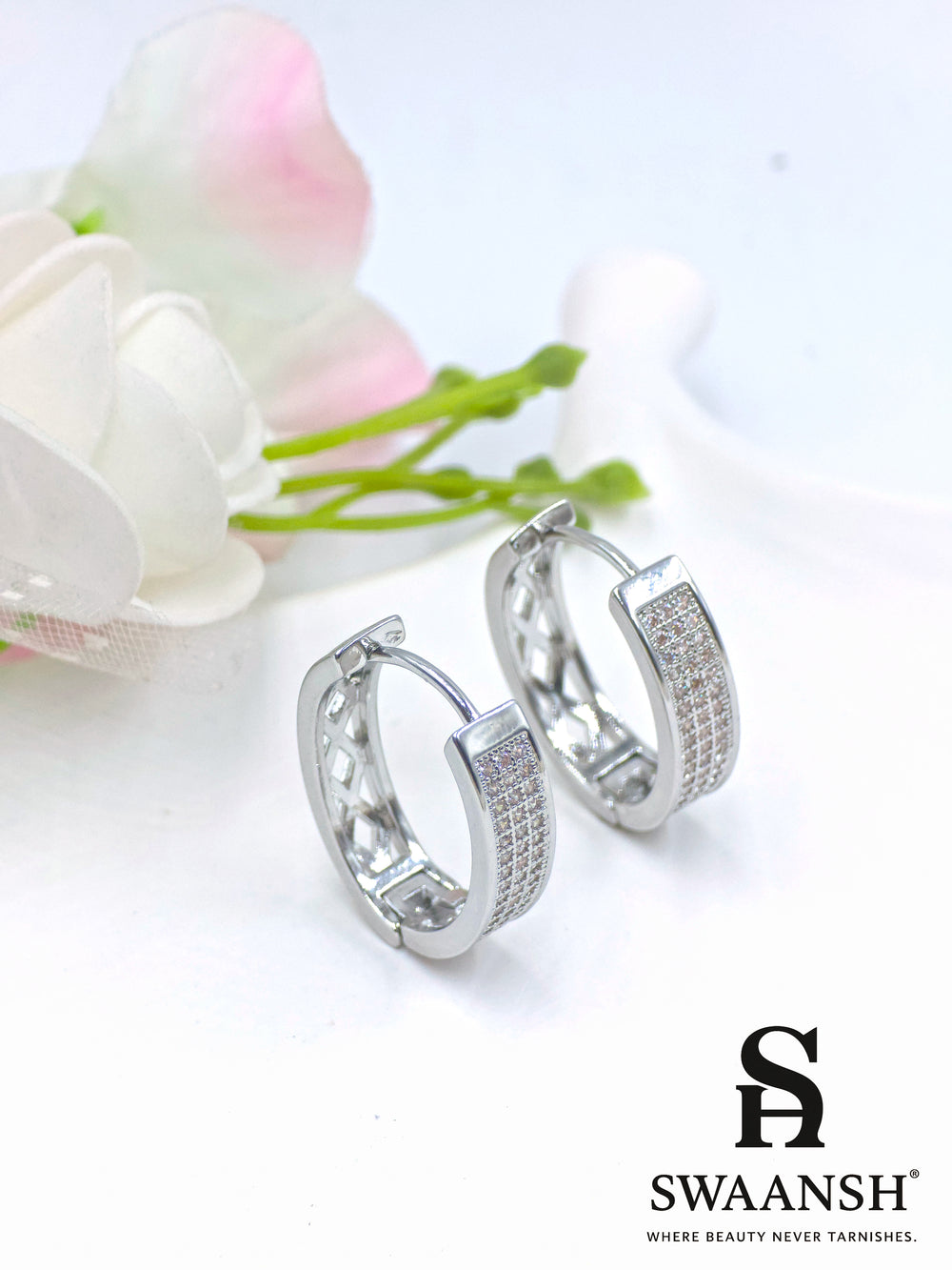 Silver hoop earrings with micro crystal pavé detailing – anti-tarnish finish by Swaansh