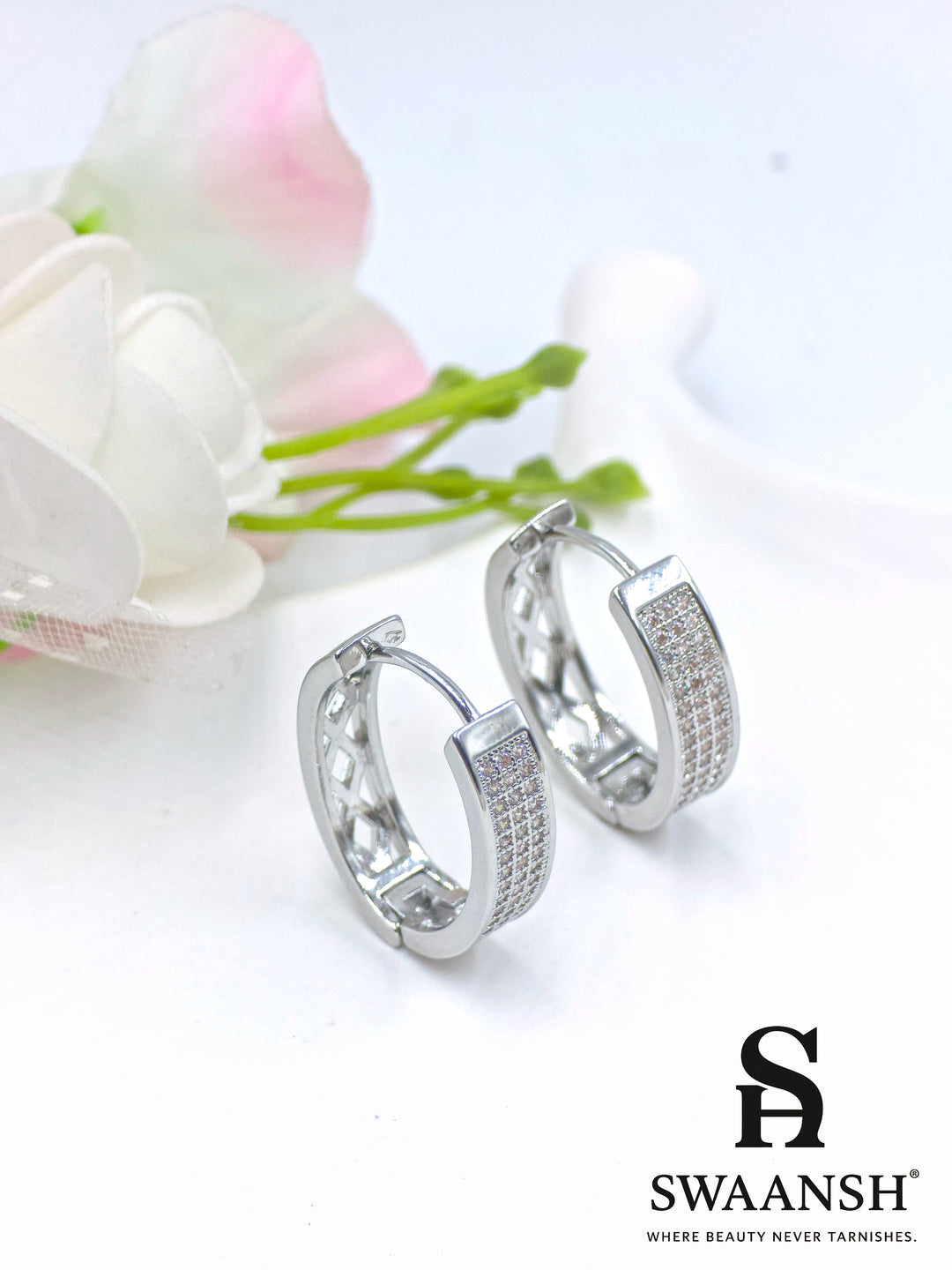 Silver hoop earrings with micro crystal pavé detailing – anti-tarnish finish by Swaansh