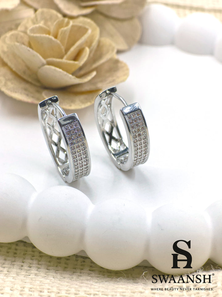 Silver hoop earrings with micro crystal pavé detailing – anti-tarnish finish by Swaansh