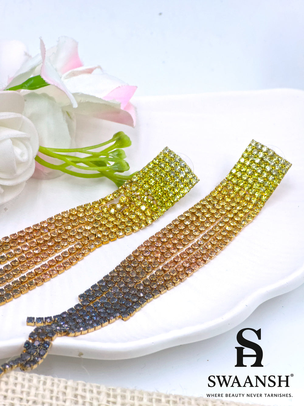 Ombre long tassel earrings with golden yellow to smoky bronze rhinestone gradient – Swaansh
