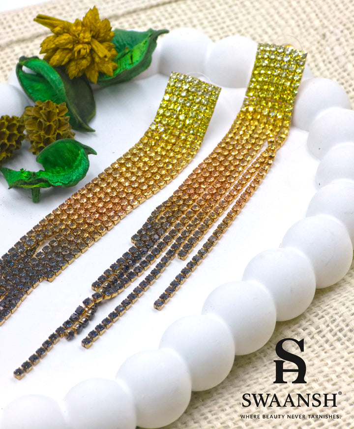 Ombre long tassel earrings with golden yellow to smoky bronze rhinestone gradient – Swaansh