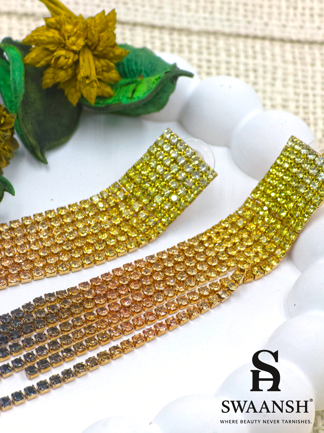 Ombre long tassel earrings with golden yellow to smoky bronze rhinestone gradient – Swaansh