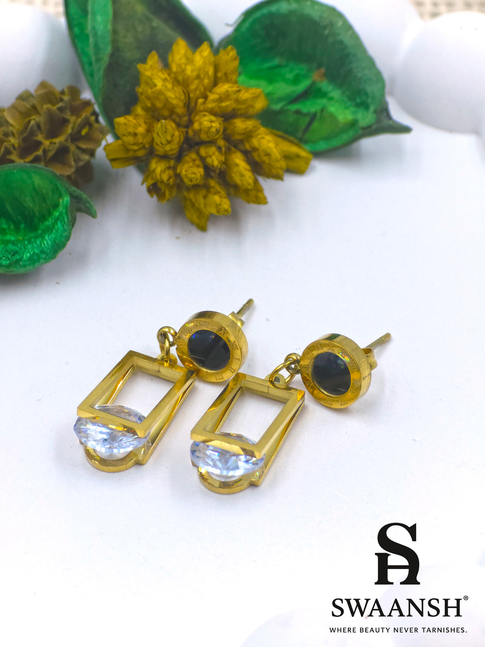 Geometric gold drop earrings with black enamel stud and solitaire crystal — Swaansh anti-tarnish collection