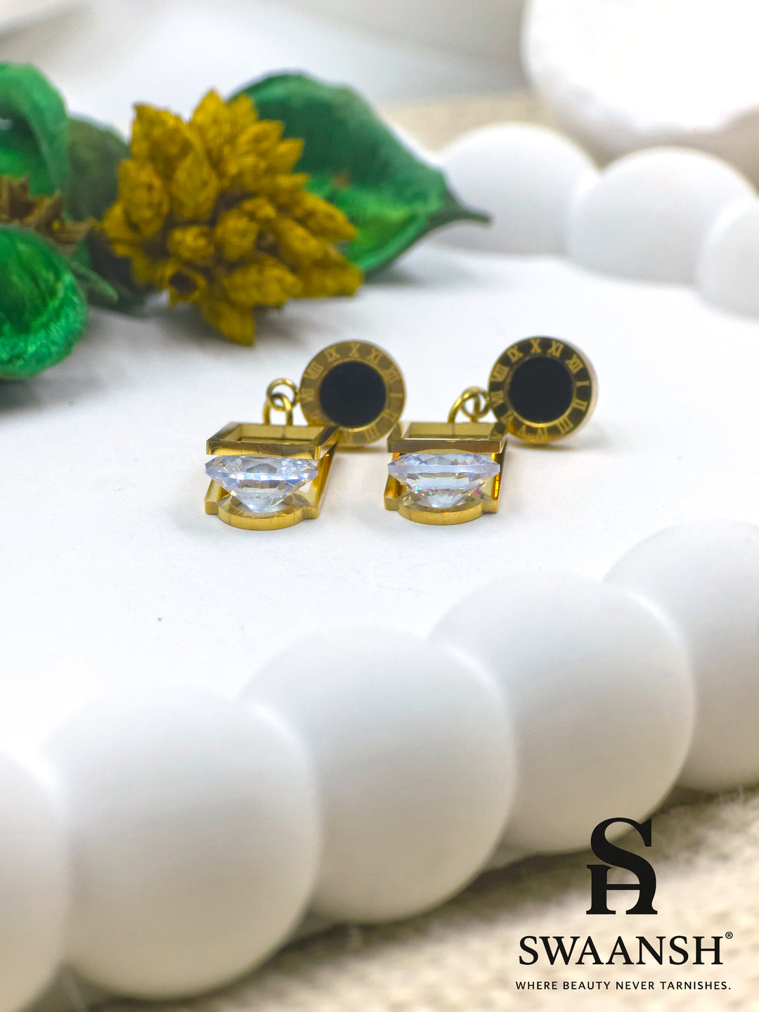 Geometric gold drop earrings with black enamel stud and solitaire crystal — Swaansh anti-tarnish collection