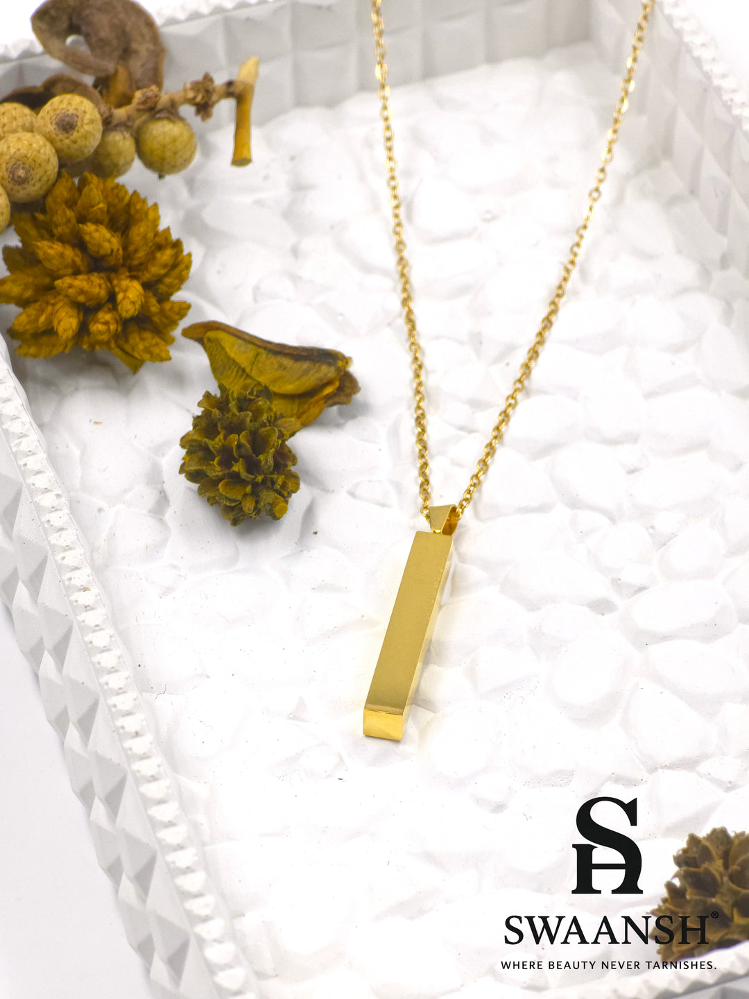 Gold bar-shaped pendant necklace with a long rectangular design on a fine chain – The Bold Bar Pendant by Swaansh
