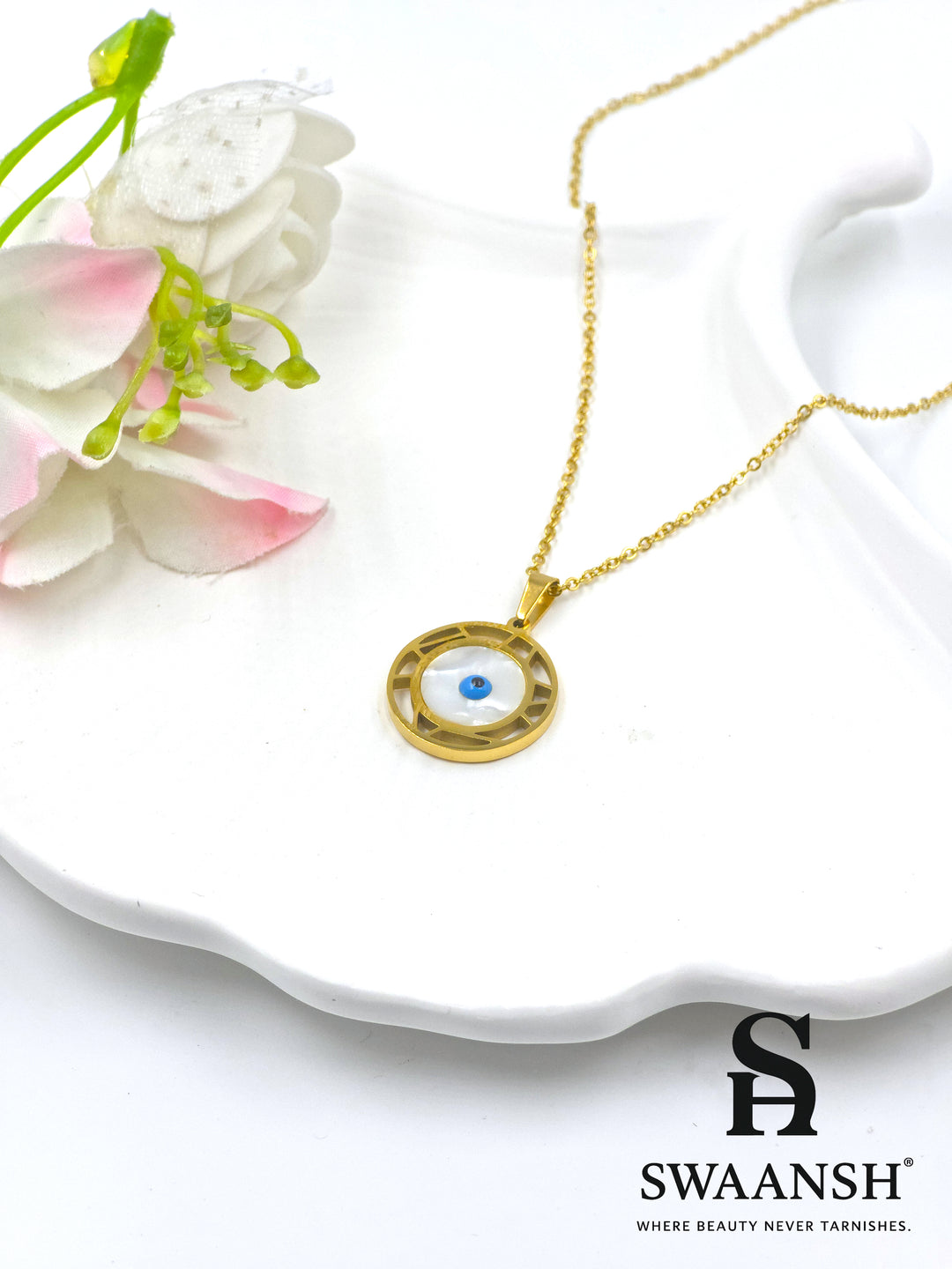 Round evil eye pendant on mother-of-pearl base with golden geometric border — Nazar Protector Pendant by Swaansh