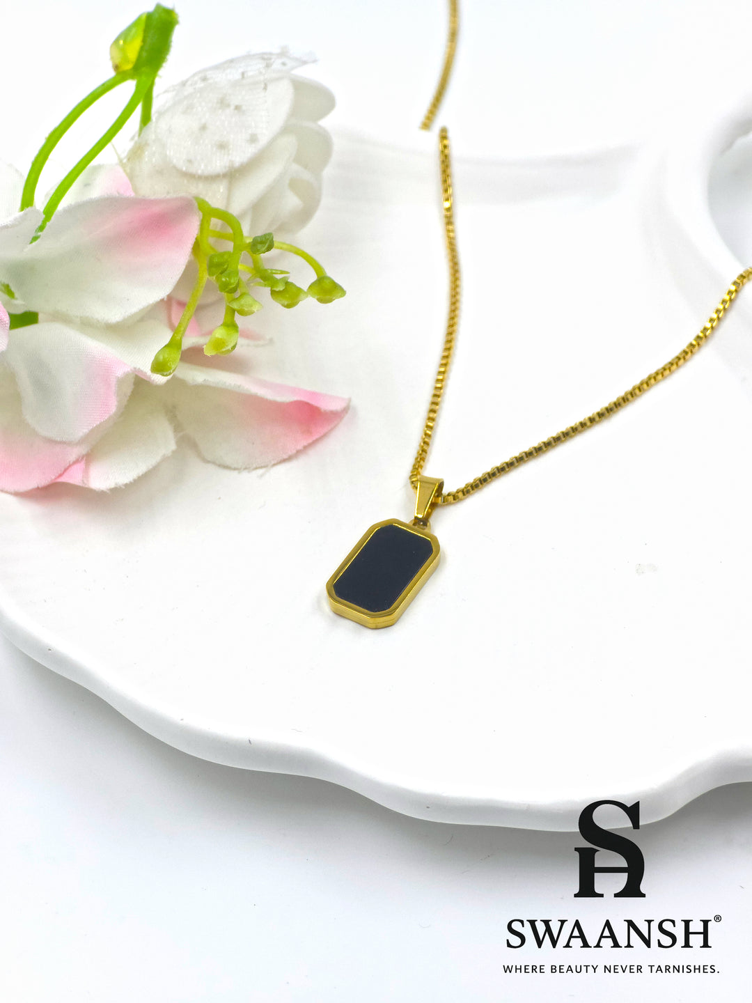 Gold rectangular pendant with glossy black stone on flat chain — Noir Charm Pendant by Swaansh