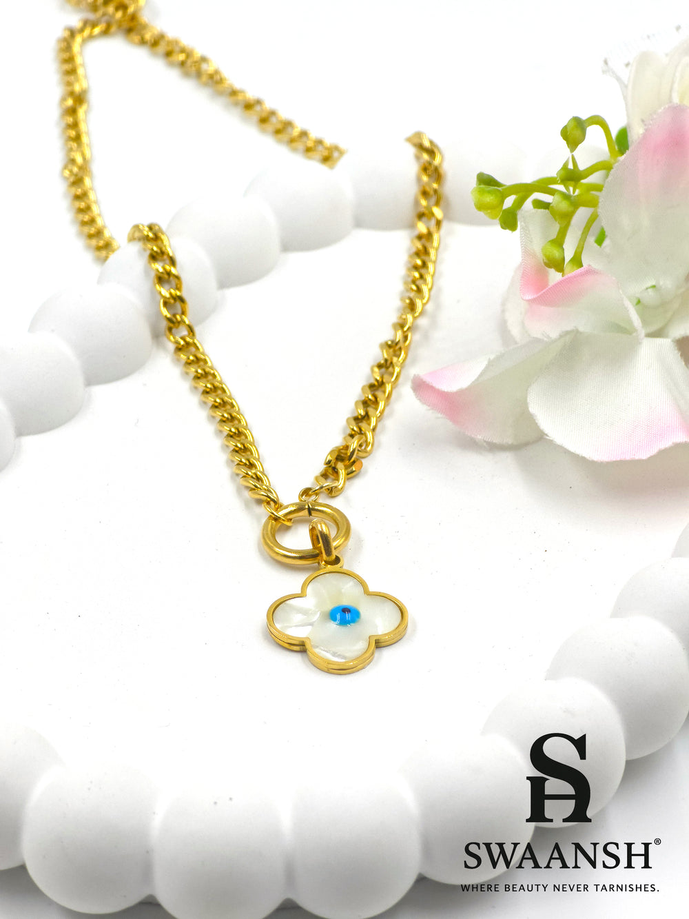 Chunky gold chain pendant with mother of pearl clover and centered blue evil eye — Bold Evil Eye Pendant by Swaansh
