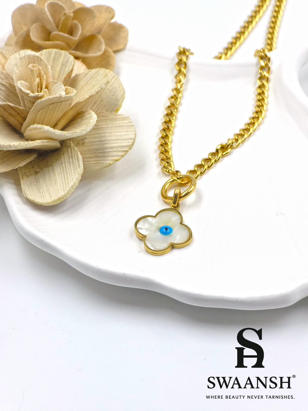 Chunky gold chain pendant with mother of pearl clover and centered blue evil eye — Bold Evil Eye Pendant by Swaansh