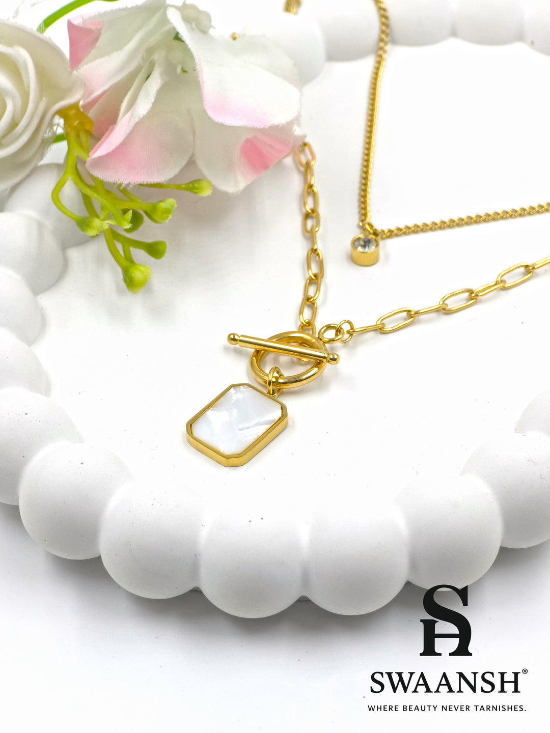 Gold toggle pendant with rectangular mother of pearl charm and dual chain – Toggle Charm Pendant by Swaansh