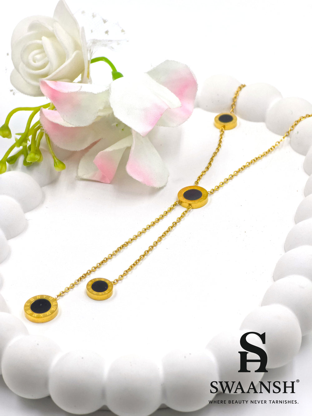 Gold Y-shaped necklace with black enamel circular drops – Noir Drop Pendant by Swaansh