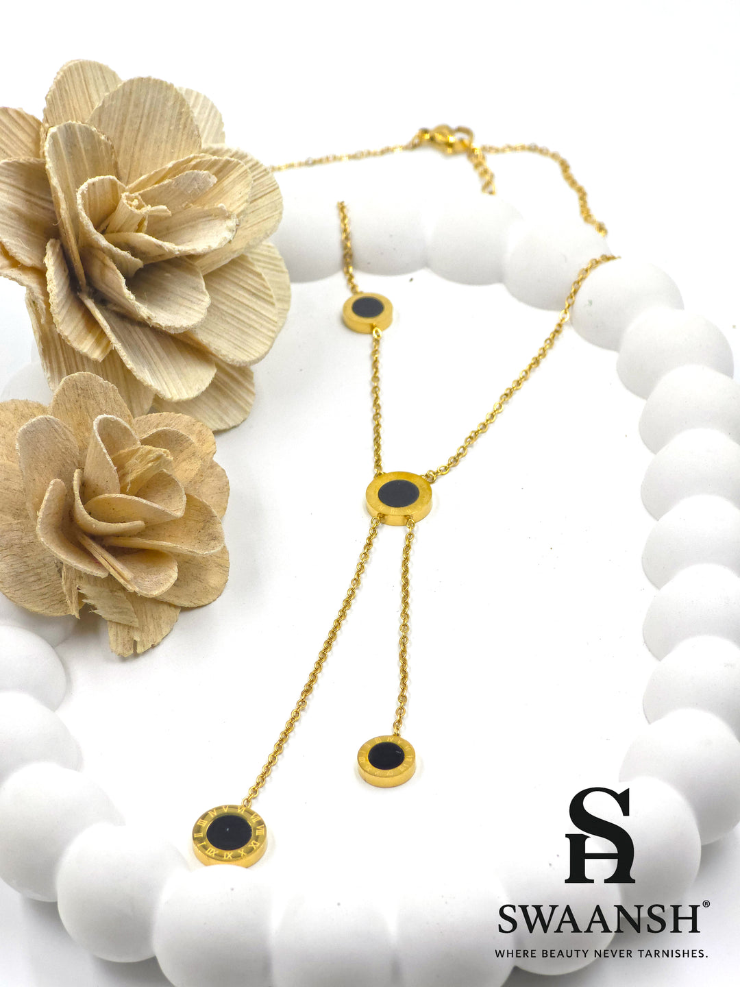 Gold Y-shaped necklace with black enamel circular drops – Noir Drop Pendant by Swaansh