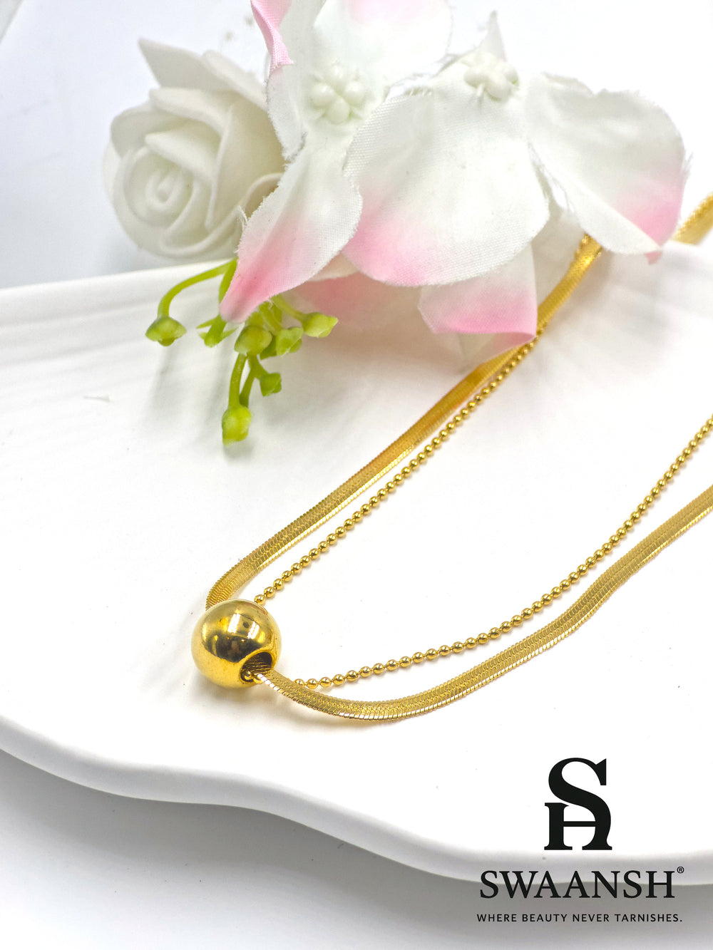 Polished golden sphere pendant with double chain design – Gleam Sphere Pendant by Swaansh