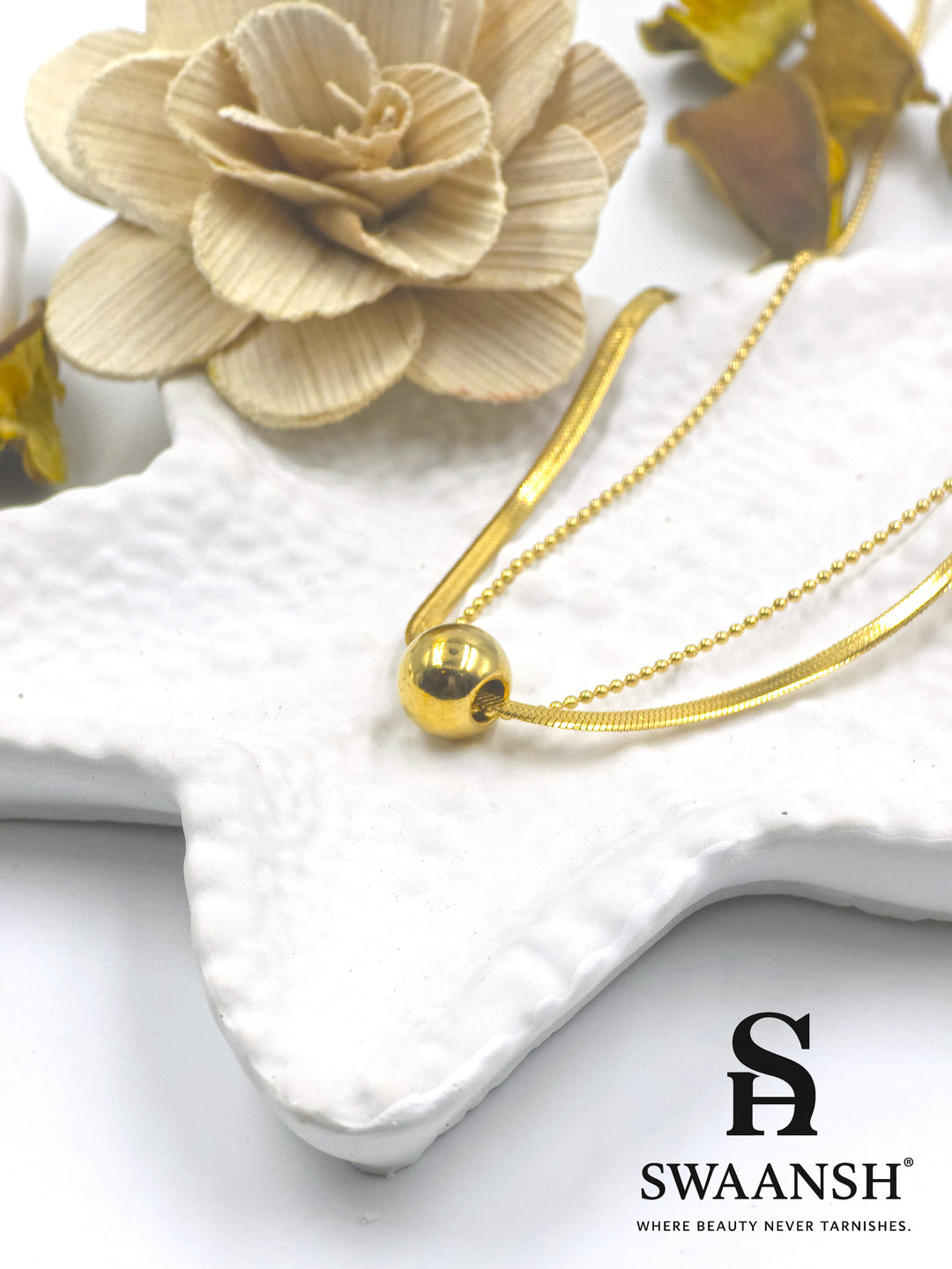 Polished golden sphere pendant with double chain design – Gleam Sphere Pendant by Swaansh
