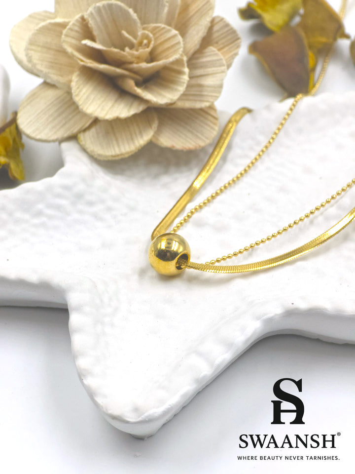 Polished golden sphere pendant with double chain design – Gleam Sphere Pendant by Swaansh