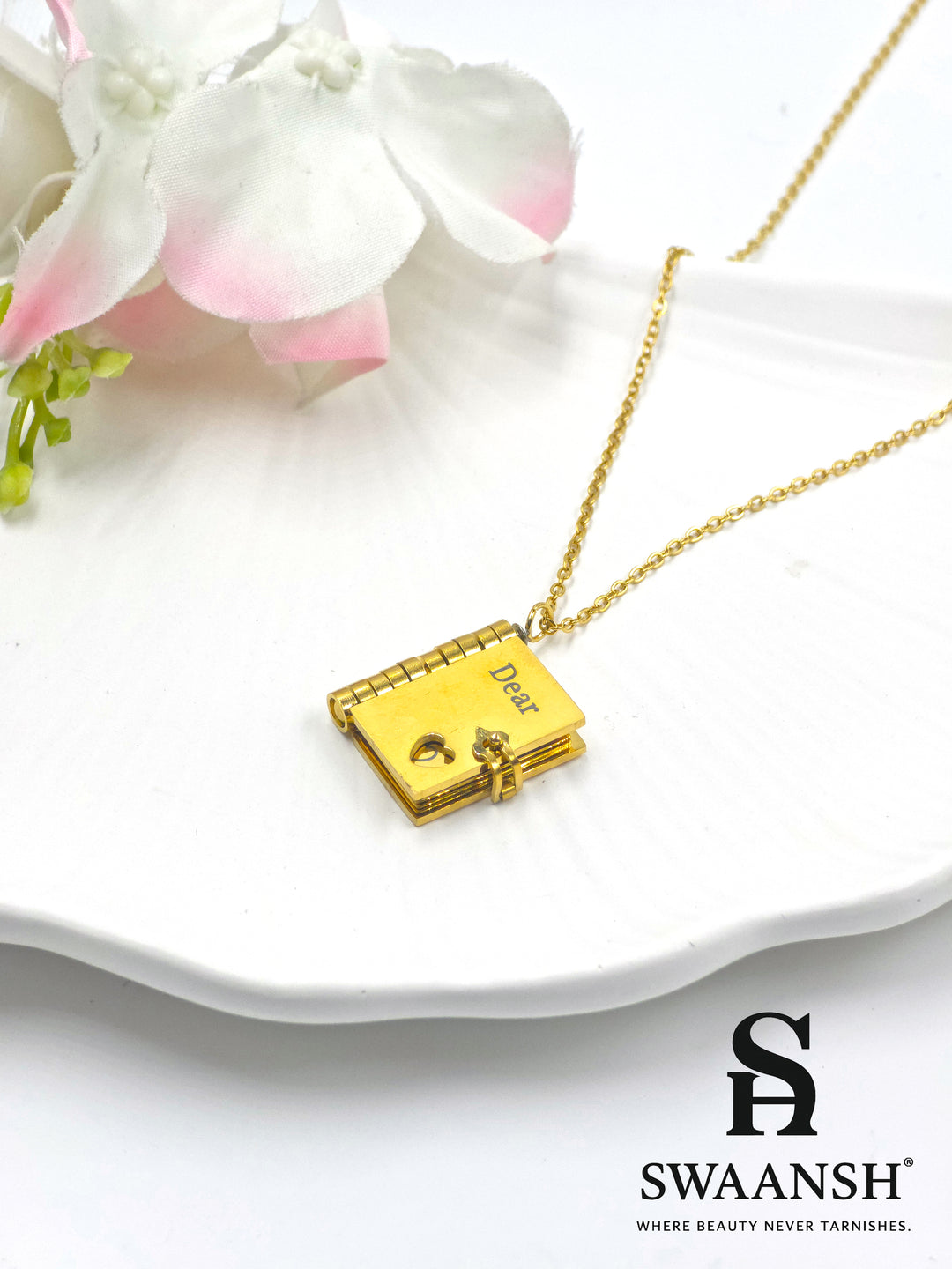 Gold-plated Dear Diary Pendant necklace with heart cutout and engraved message – Swaansh anti-tarnish jewellery