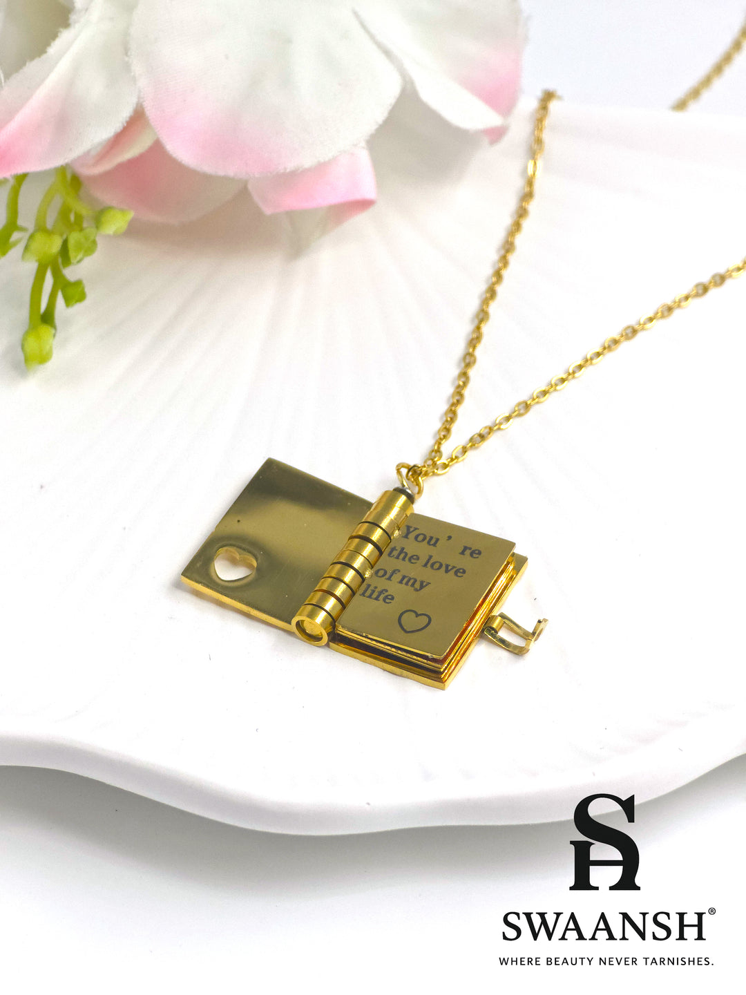 Gold-plated Dear Diary Pendant necklace with heart cutout and engraved message – Swaansh anti-tarnish jewellery