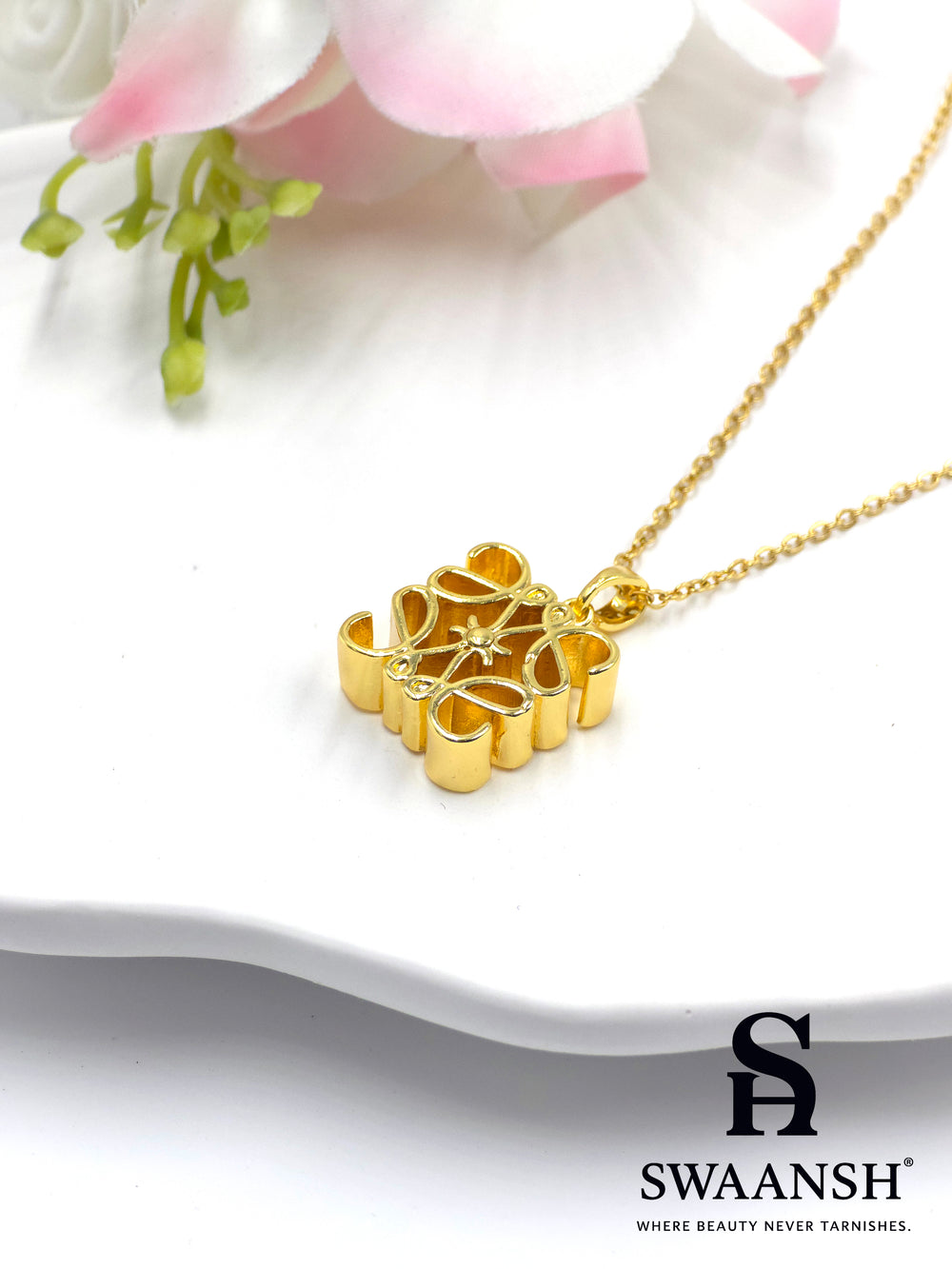 Golden Bloom Pendant by Swaansh featuring sculpted 3D floral art design in anti-tarnish gold finish