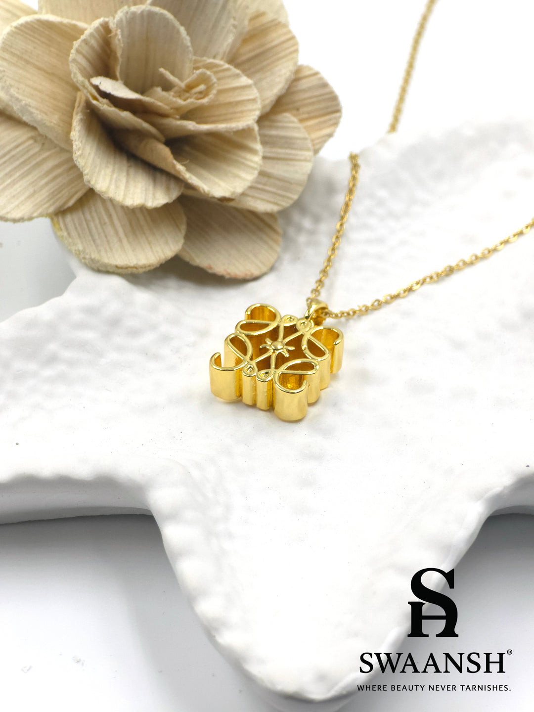 Golden Bloom Pendant by Swaansh featuring sculpted 3D floral art design in anti-tarnish gold finish