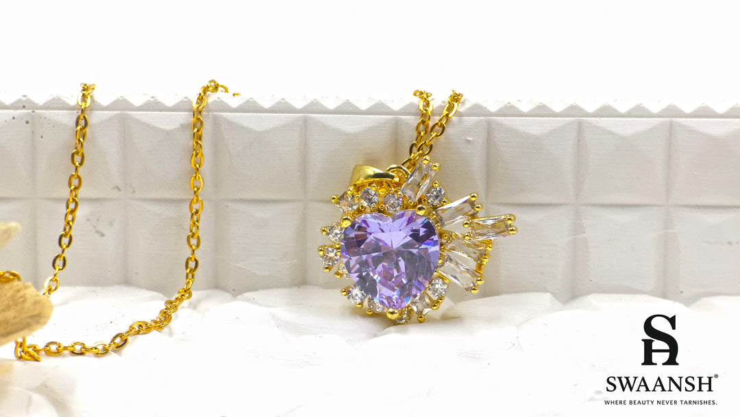 Violet Halo Pendant by Swaansh with heart-cut violet stone and crystal burst on gold-plated chain