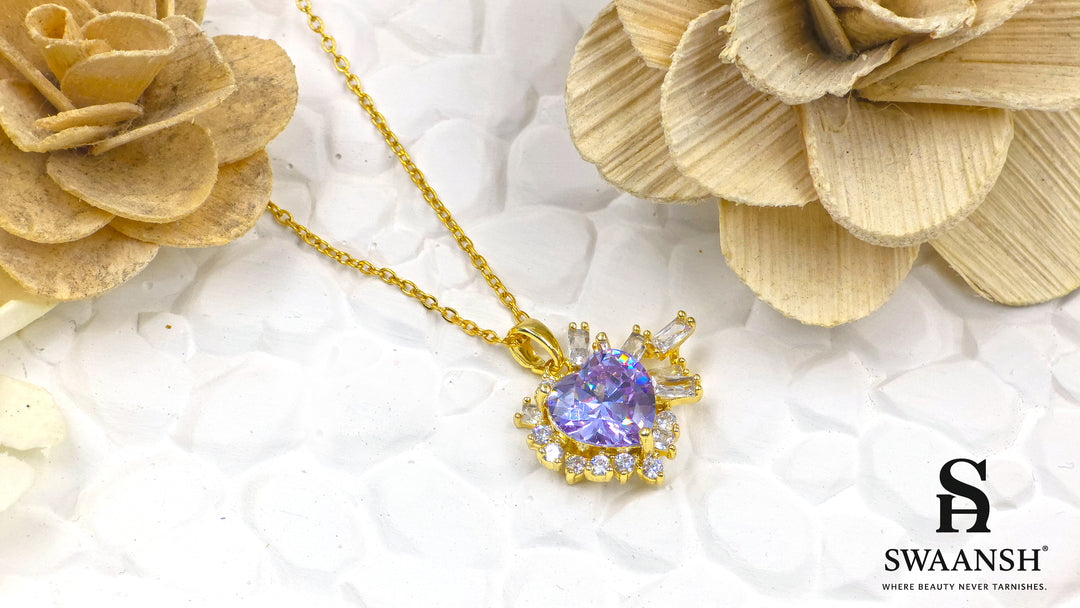 Violet Halo Pendant by Swaansh with heart-cut violet stone and crystal burst on gold-plated chain