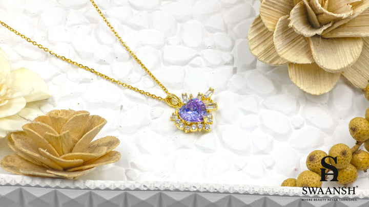Violet Halo Pendant by Swaansh with heart-cut violet stone and crystal burst on gold-plated chain