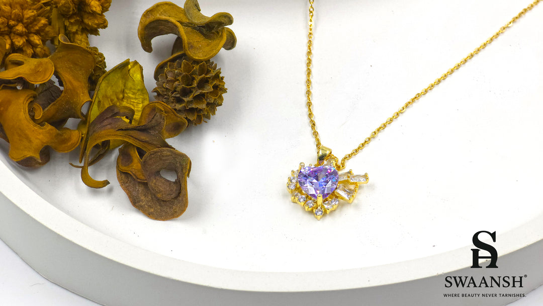 Violet Halo Pendant by Swaansh with heart-cut violet stone and crystal burst on gold-plated chain