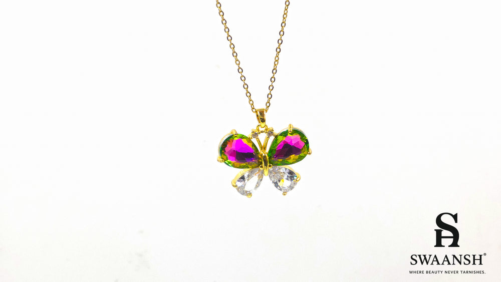 Prism Wings Pendant by Swaansh featuring multicolour iridescent butterfly with gold-plated setting and crystal wings