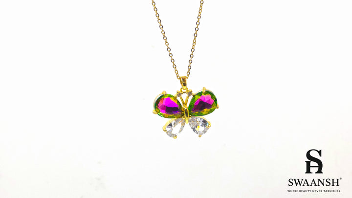 Prism Wings Pendant by Swaansh featuring multicolour iridescent butterfly with gold-plated setting and crystal wings