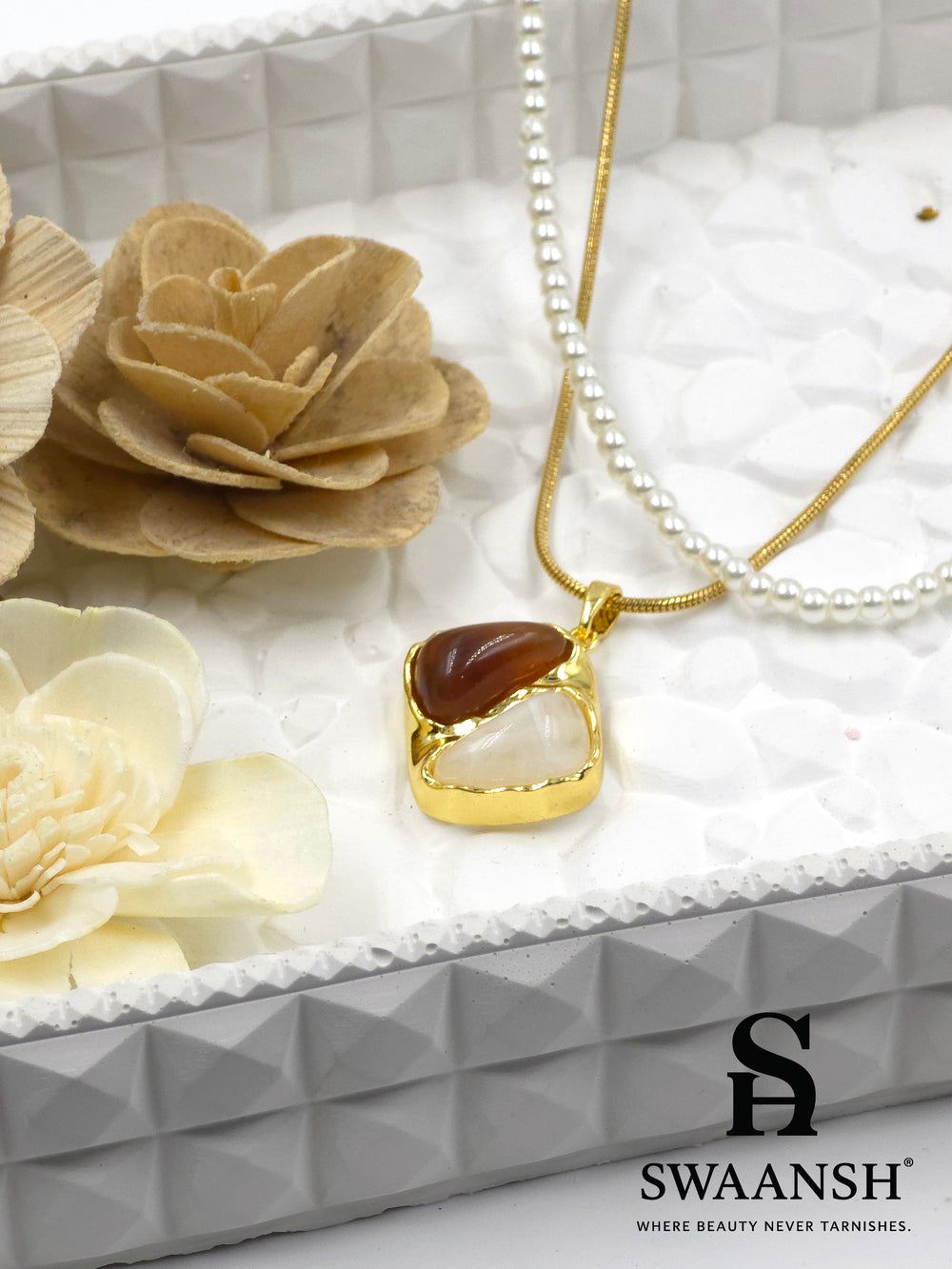 Terra Soul Pendant by Swaansh featuring dual-stone gold charm with layered pearl and gold snake chain