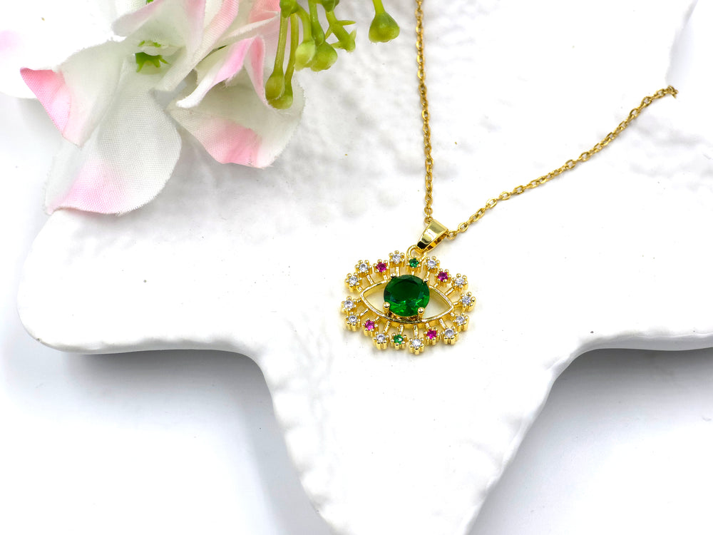 Emerald Guardian Pendant by Swaansh featuring green crystal evil eye with multicolour halo in gold finish