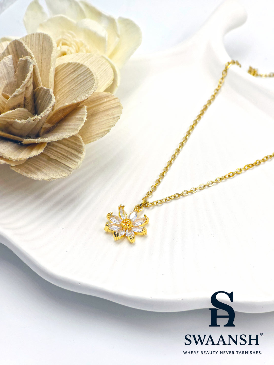 Golden Bloom Pendant by Swaansh featuring sunflower design with crystal petals and textured gold center