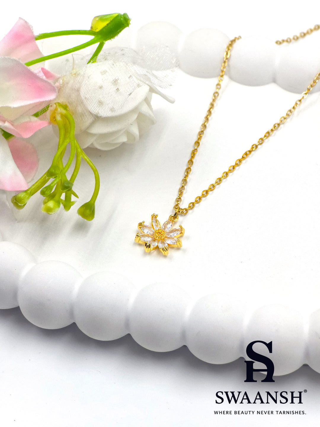 Golden Bloom Pendant by Swaansh featuring sunflower design with crystal petals and textured gold center