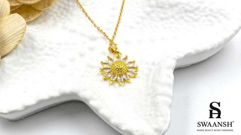 Golden Bloom Pendant by Swaansh featuring sunflower design with crystal petals and textured gold center