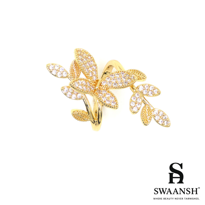 Adjustable gold ring with sparkling leaf design – Golden Bloom Ring by Swaansh