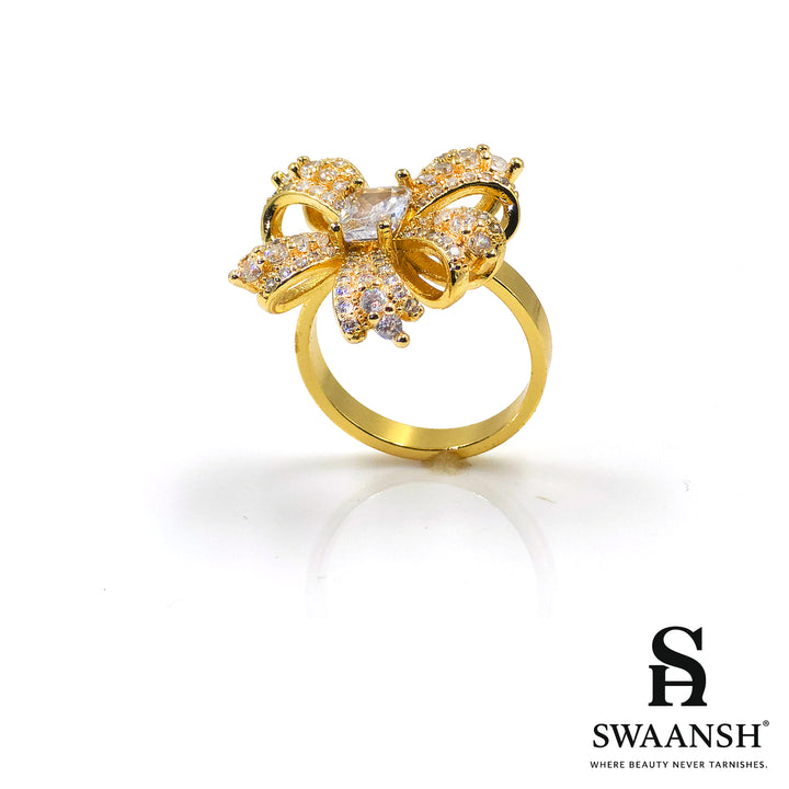 Elegant bow-shaped gold ring with zircon detailing – Golden Belle Adjustable Ring by Swaansh