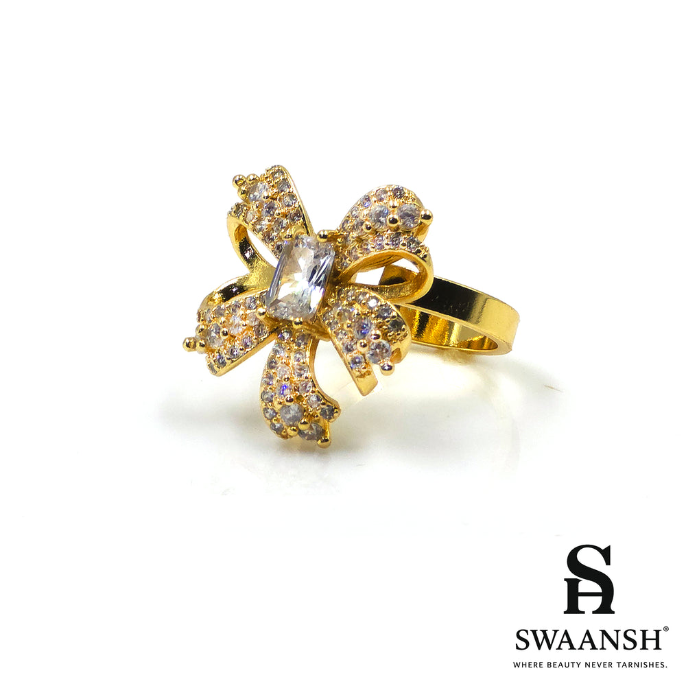Elegant bow-shaped gold ring with zircon detailing – Golden Belle Adjustable Ring by Swaansh
