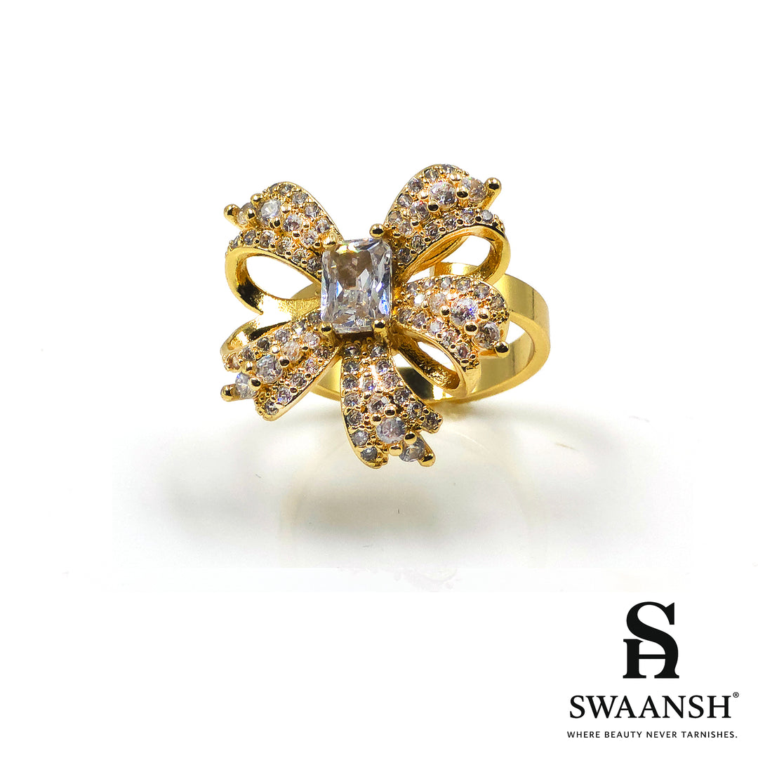 Elegant bow-shaped gold ring with zircon detailing – Golden Belle Adjustable Ring by Swaansh