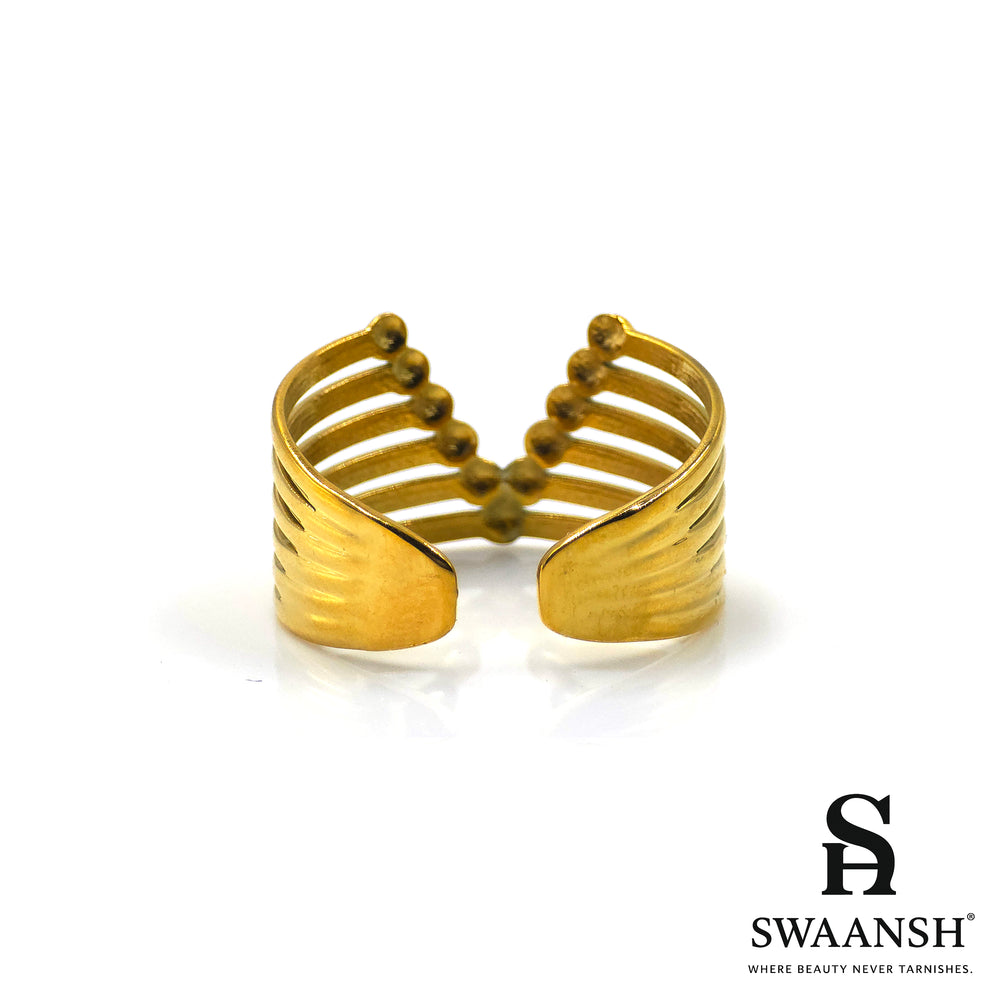 Layered open gold ring with crown-style bead design – Crownline Ring by Swaansh