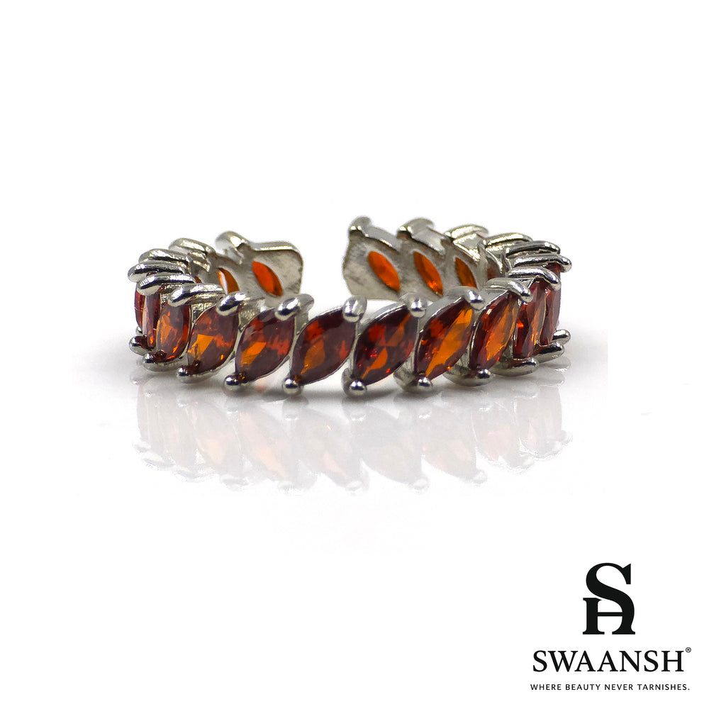 Adjustable silver ring with garnet-toned marquise stones in leaf design – FireLeaf Ring by Swaansh