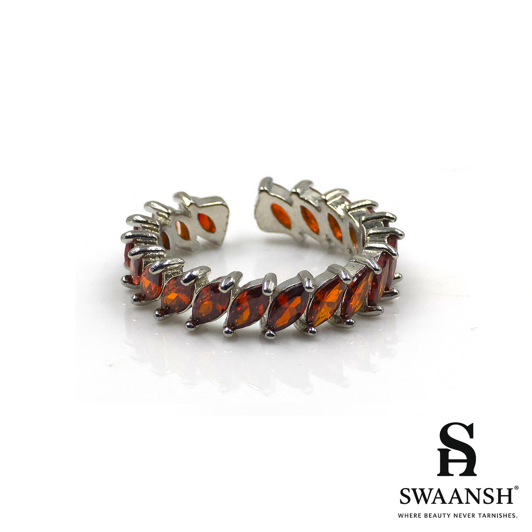 Adjustable silver ring with garnet-toned marquise stones in leaf design – FireLeaf Ring by Swaansh