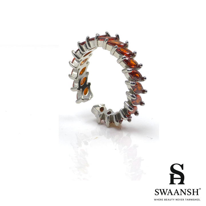 Adjustable silver ring with garnet-toned marquise stones in leaf design – FireLeaf Ring by Swaansh