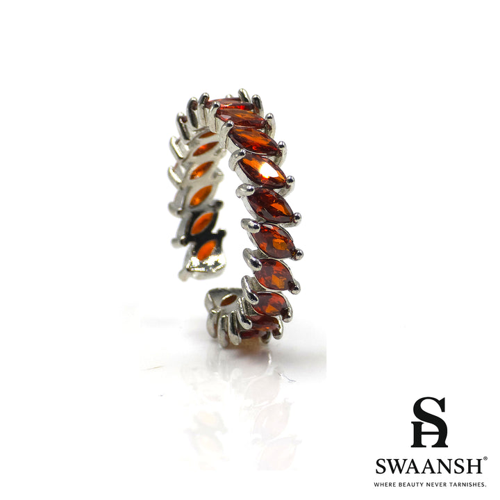 Adjustable silver ring with garnet-toned marquise stones in leaf design – FireLeaf Ring by Swaansh