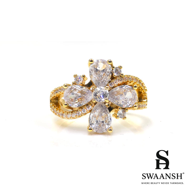 Adjustable gold ring with floral design of pear-cut zircons – Crystal Bloom Ring by Swaansh